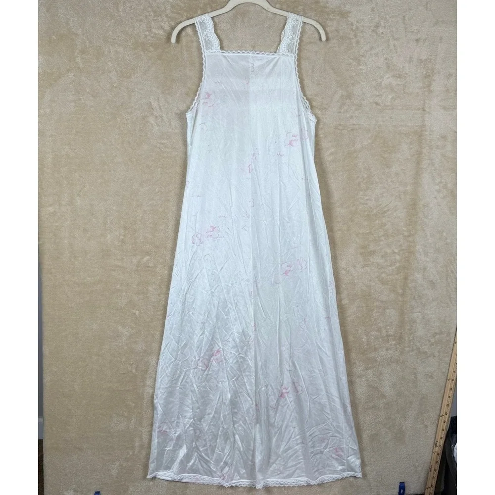 Vintage Deena White Pink Floral‎ Lace Trim Nylon Nightgown Sleep Dress Medium